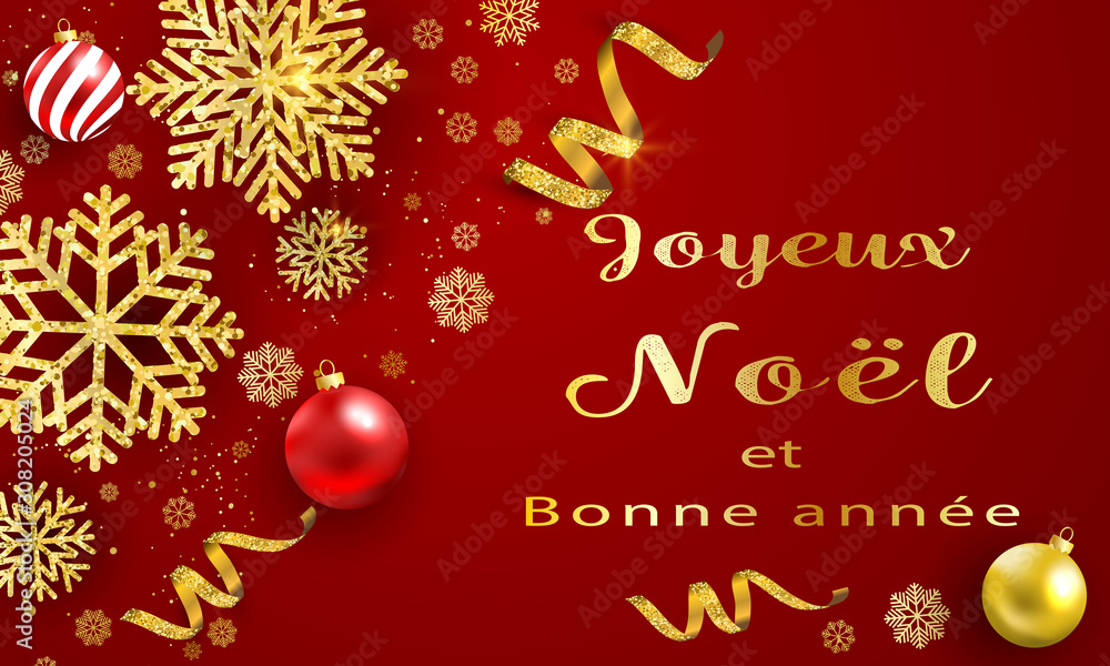 Bannière ou carte de noël et nouvel an - Joyeux noël et bonne année boules dorés – serpentin étoile confettis flocons de neige - fond rouge