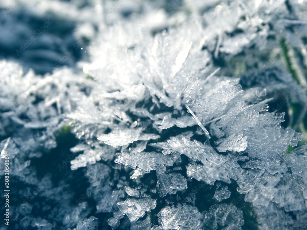 Fototapeta premium winter background with snowflakes crystals patterns and snow on frozen grass