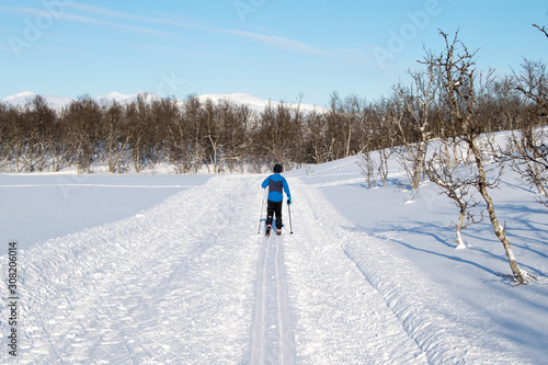 The back of a young boy doing cross country skiing a bright winter day