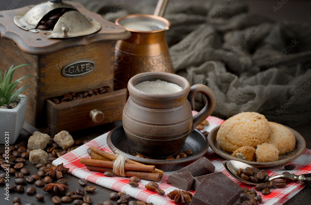 Black coffee on an old background in a cup Black coffee on an old background in a cup