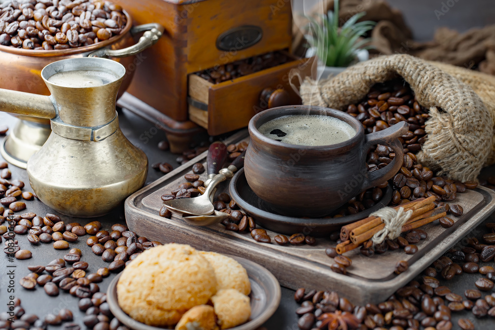 Black coffee on an old background in a cup Black coffee on an old background in a cup