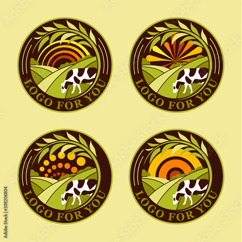 Set of round agricultural vector logos. Farm icons. Dairy products symbols. Fresh meat signs. Green meadow illustration. Nature image. Organic products. Eco label. Rural landscape.
