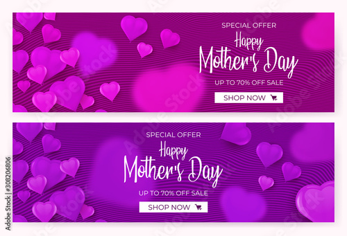 Happy Mothers day banner set with heart shaped balloons