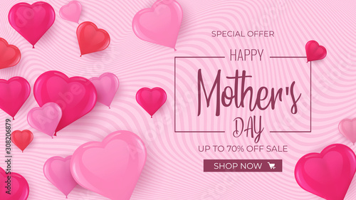Mother's day sale background with 3d heart balloons. Vector illustration for Mothers and Women's day, 8 March