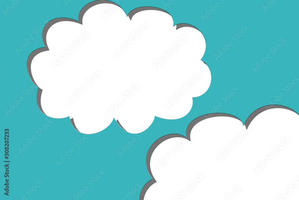 White clouds on blue sky with paper cut effect. Perspective 3D view illustration background with shadows. Creative design banner