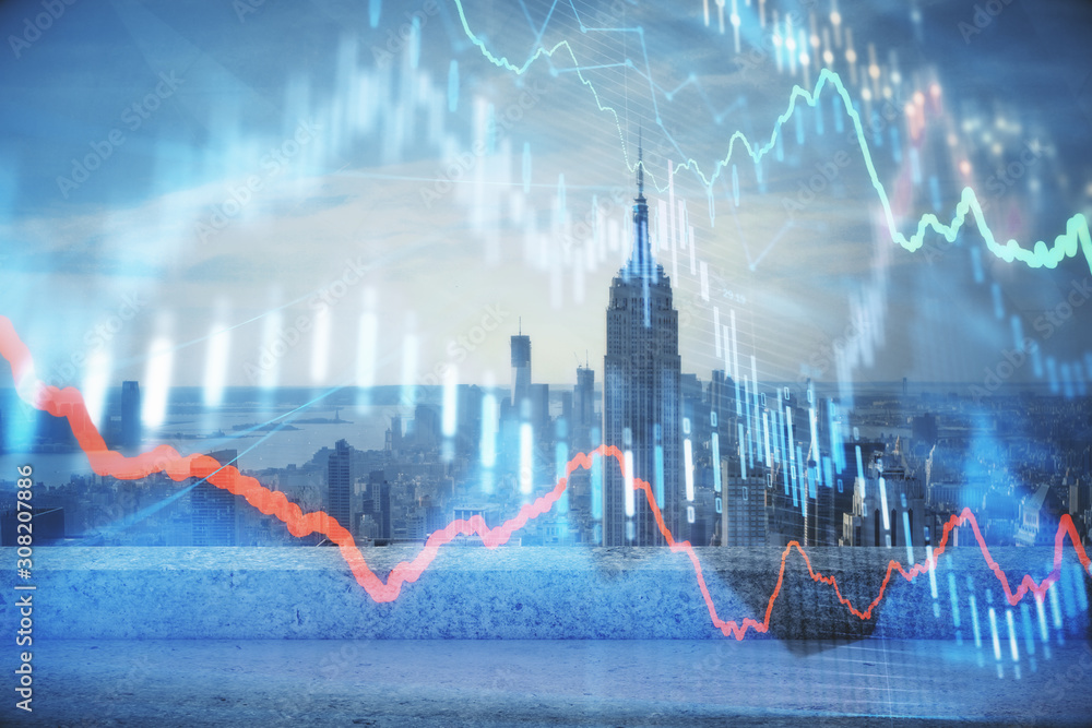 Forex graph on city view with skyscrapers background multi exposure. Financial analysis concept. Forex graph on city view with skyscrapers background multi exposure. Financial analysis concept.