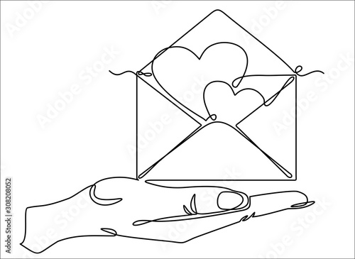 One continuous line drawing of hand holding Heart in envelope. Vector illustration. St.  Valentine's Day