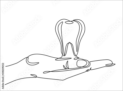 One continuous line drawing of hand holding Tooth. Vector illustration