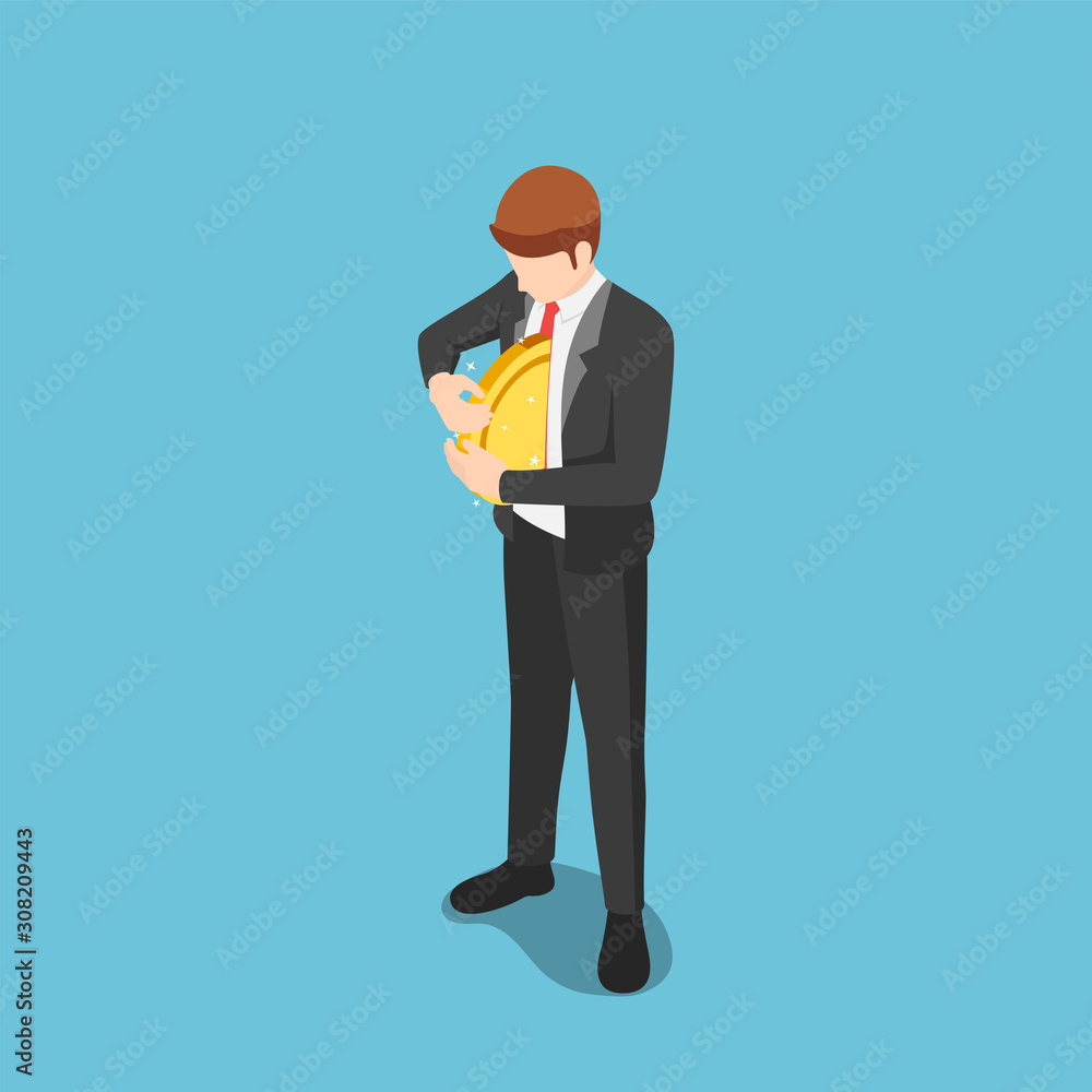 Isometric businessman put golden coin into his body Isometric businessman put golden coin into his body