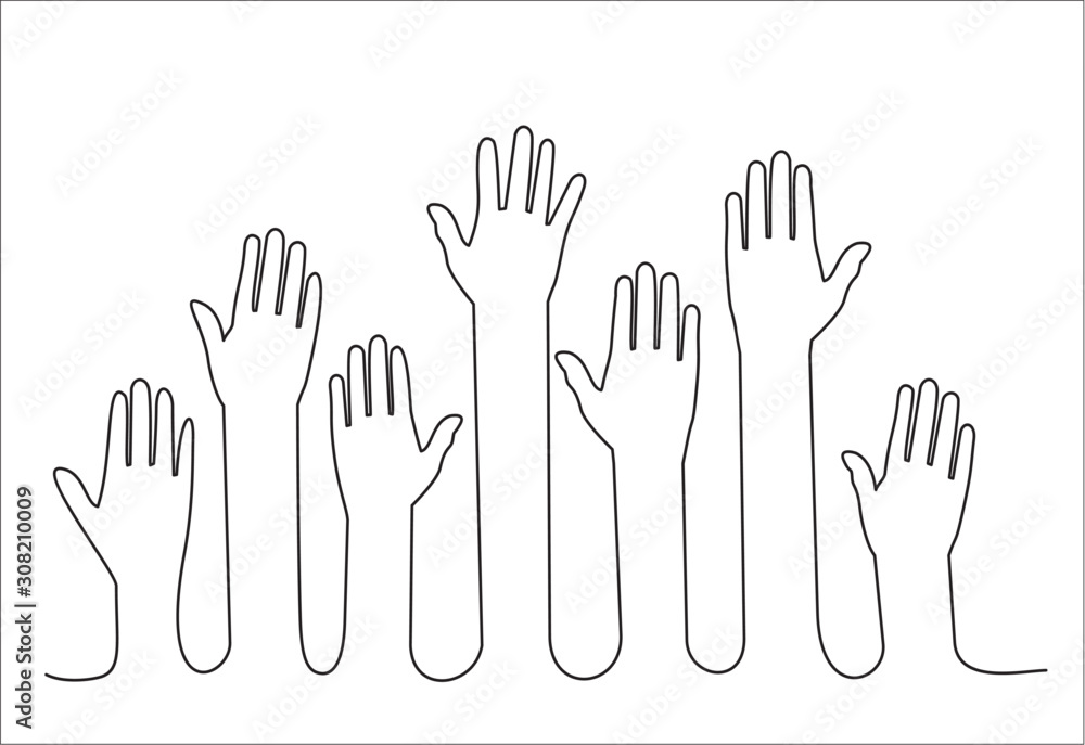 Raised hands volunteering continuous one line drawing minimalism design