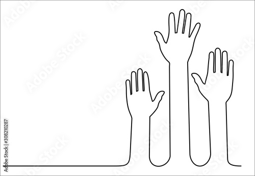 Raised hands volunteering continuous one line drawing minimalism design isolated on white background, vector concept
