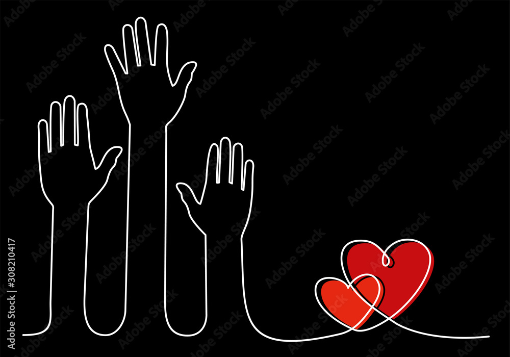 Hands and hearts. Raised hands volunteering concept continuous one line drawing minimalism design isolated on white background. Hands and hearts. Raised hands volunteering concept continuous one line drawing minimalism design isolated on white background.