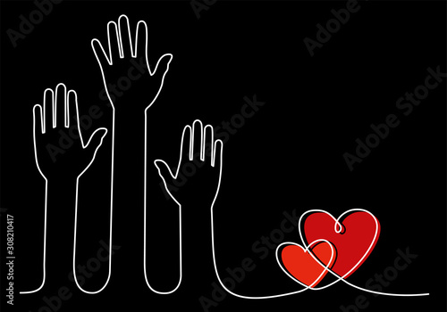Hands and hearts. Raised hands volunteering concept continuous one line drawing minimalism design isolated on white background.