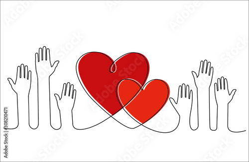 Hands and hearts. Raised hands volunteering concept continuous one line drawing minimalism design isolated on white background.