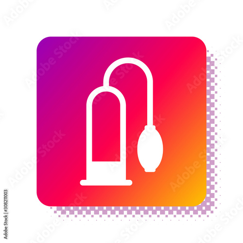 White Penis pump icon isolated on white background. Penis enlarger. Sex toy for men. Vacuum pump with a blower to increase the penis. Square color button. Vector Illustration