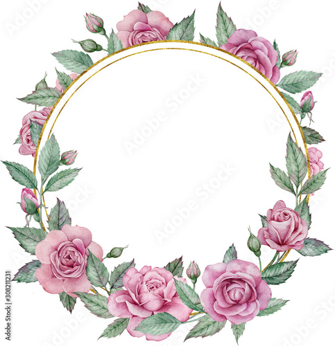 Pink roses frame. Watercolor hand-drawn circle floral wedding frame. Valentine's day template.