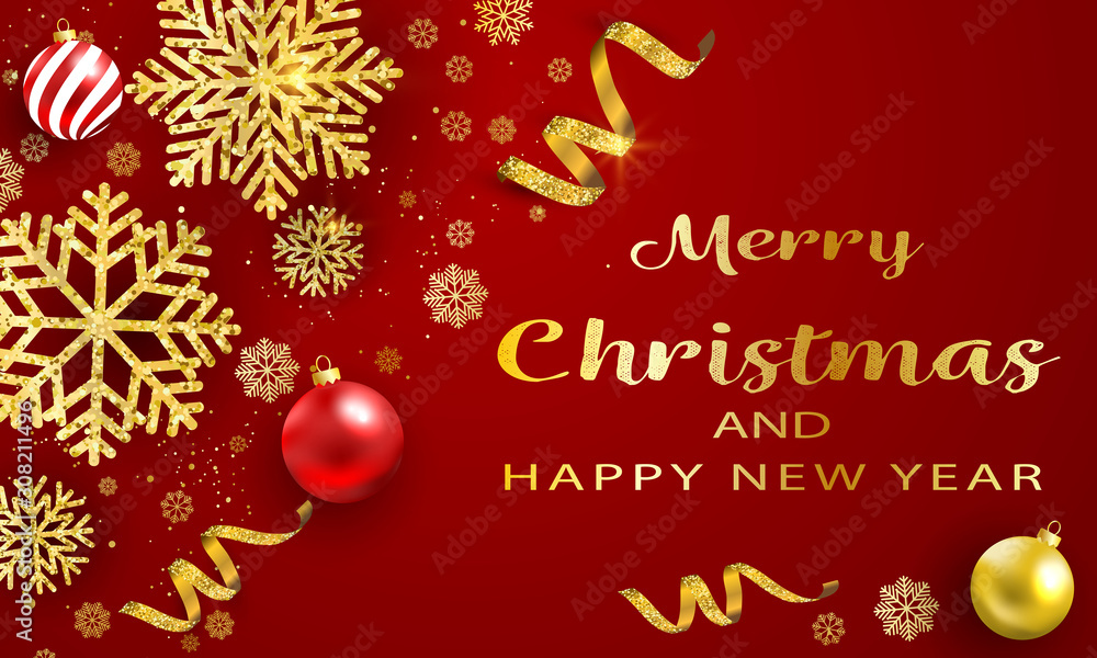 Bannière ou carte de noël et nouvel an - Merry Christmas and Happy new year boules dorés – serpentin étoile confettis flocons de neige - fond rouge