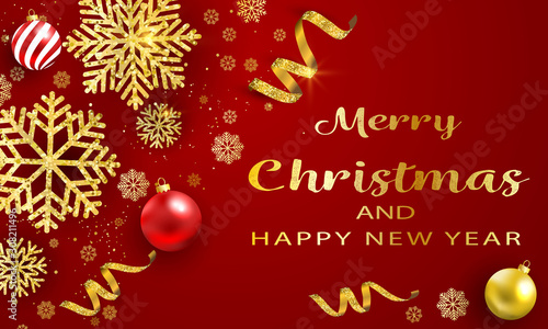 Banni  re ou carte de no  l et nouvel an - Merry Christmas and Happy new year boules dor  s     serpentin   toile confettis flocons de neige - fond rouge