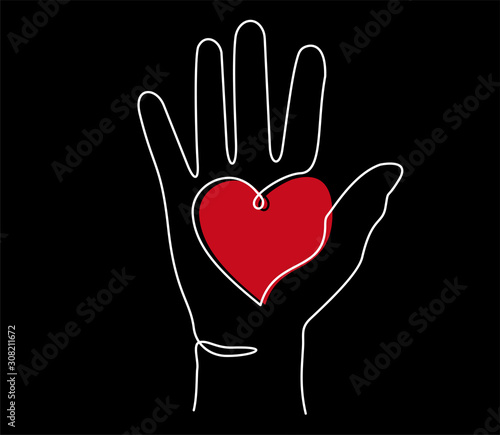Hand with heart. Raised hands volunteering vector concept one line
