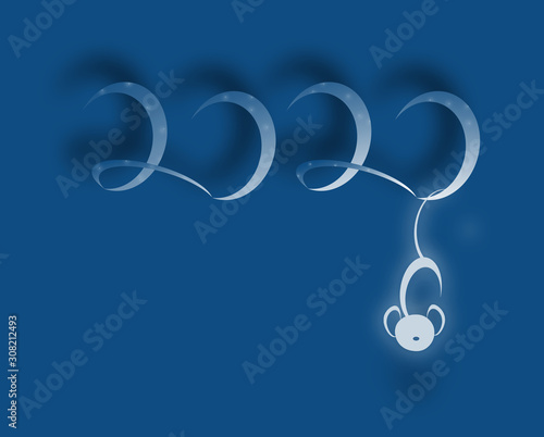 Numbers 2020 with symbolic mouse holding with the tail. New year concept illustration © Yulia Sanatina