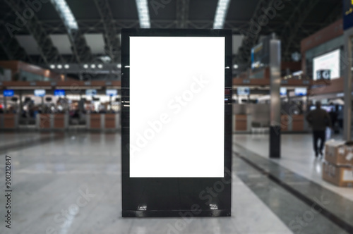 Airport hall billboard mock up with white screen, alpha channel. Business concept, indoor board, empty frame.
