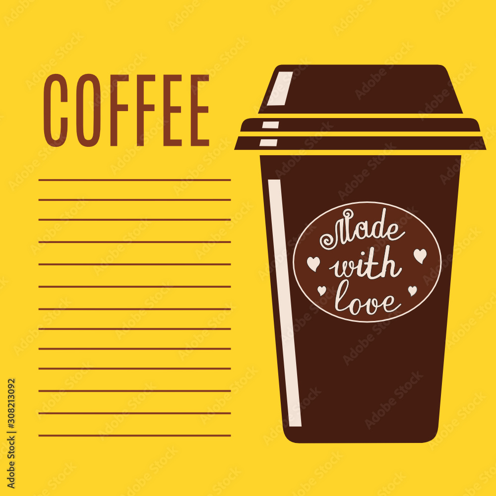 coffee brown paper cup with a plastic lid and the inscription Made with love on a yellow isolated background with lines coffee brown paper cup with a plastic lid and the inscription Made with love on a yellow isolated background with lines