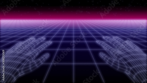 synthwave net and hands Retro Background 3d render