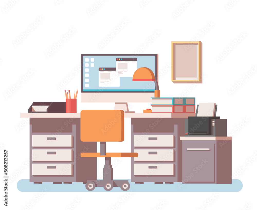 Workplace concept in a flat style. Оffice or freelance interior with table, pc, printer, chair n other office equipment Workplace concept in a flat style. Оffice or freelance interior with table, pc, printer, chair n other office equipment