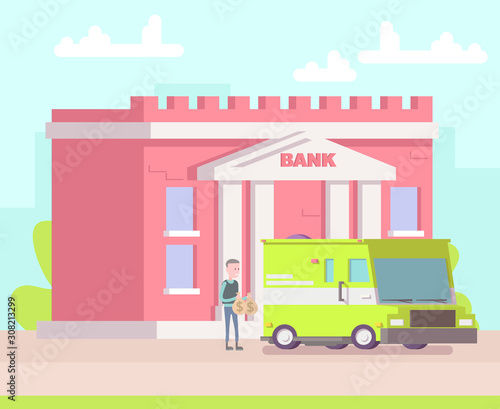 Collectors car and guard next to the bank. Working in bank. Vector illustration.