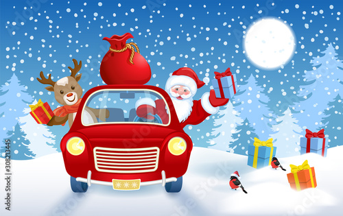 Christmas card with Santa Claus and fawn deer in red vintage car with gift box against winter forest background