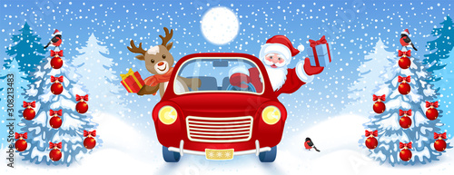 Christmas card with Santa Claus and deer in red vintage car with gift box against winter forest background. New Year design postcard in retro style.