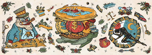 Wealth and poverty. Old school tattoo vector collection. Angry boss capitalist, flat Earth, turtle and bags of money. Hamster wheel, mortgages, loans, taxes. Hard life. Traditional tattooing style