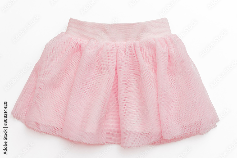 Tulle pink skirt  for toddler girl on white background/ Top view/ Baby clothes 