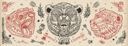 Bear head. Vintage old school tattoo collection. Aggressive grizzly, traditional tattooing style