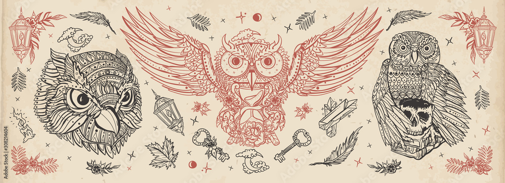 Owls heads. Vintage old school tattoo collection. Fairy tale art. Magic birds, traditional tattooing style Stock Vector