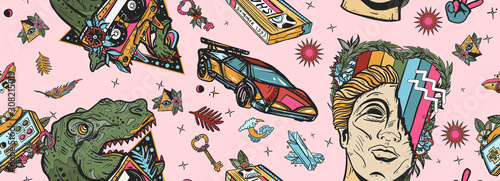 Pop culture seamless pattern. Audio cassette, VHS type and tyrannosaur. Retro wave music art. Nostalgic 80s, cyberpunk style. Old school tattoo style. Statue head and game controller