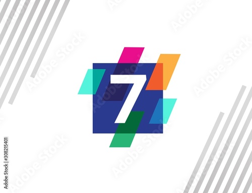 Creative square initial number 7 with colorful diagonal line logo design