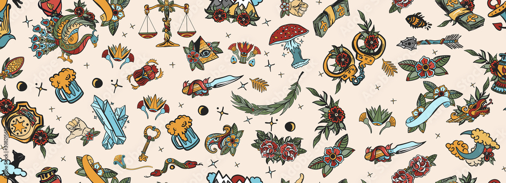 Tattoo elements seamless pattern. Art background, old school tattooing style