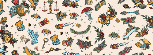 Tattoo elements seamless pattern. Art background, old school tattooing style