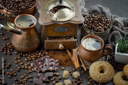 Black coffee on an old background in a cup