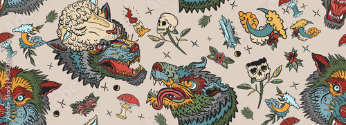 Wolf head seamless pattern. Old school tattoo art. Werewolf in sheep clothing. Aggressive wolves traditional tattooing background. Magic fairy tale style