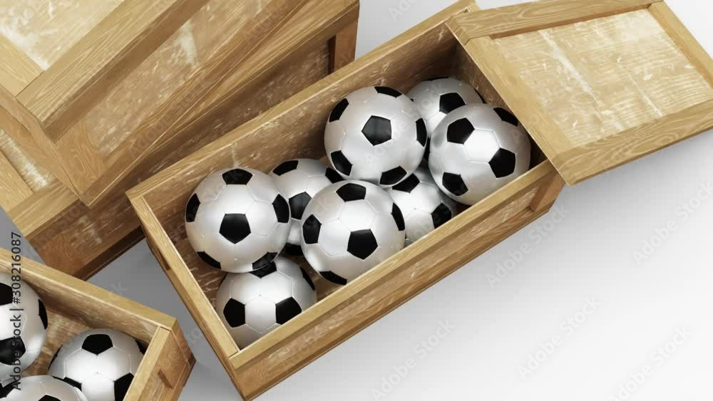 Camera move and zoom above one opened wood transport box full with football balls Camera move and zoom above one opened wood transport box full with football balls