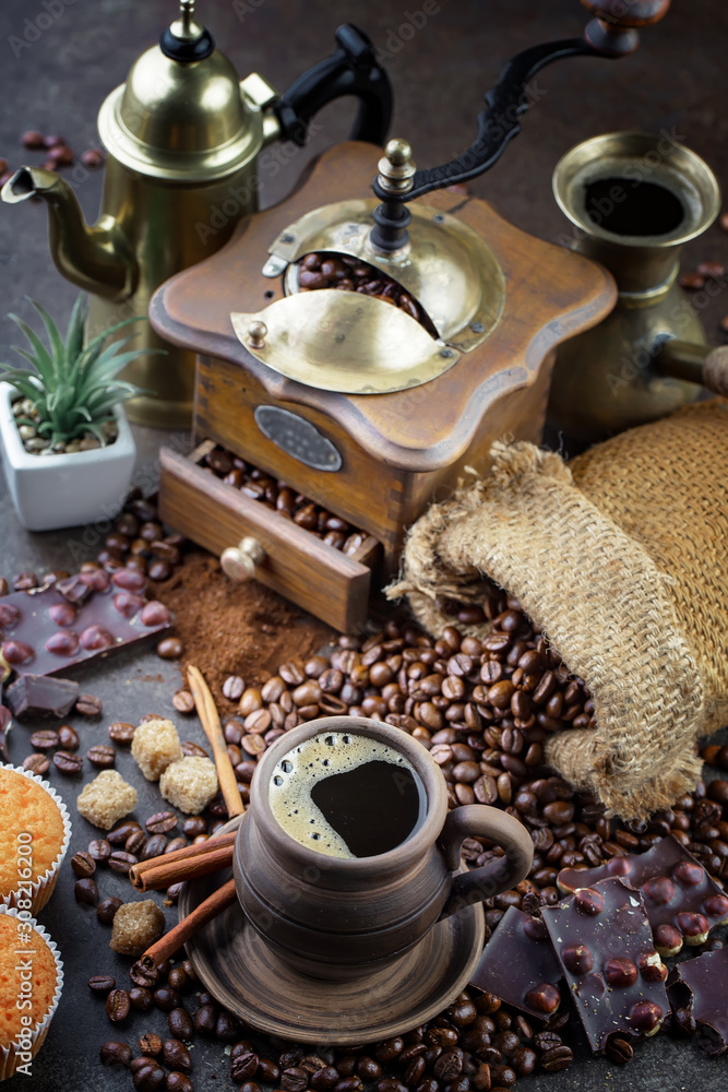 Stickers met Coffee grains on a table with accessories for coffee #308216200