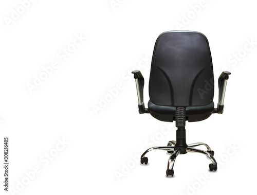 The back view of office chair from black textile. Isolated over white