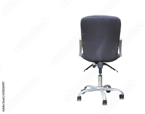 The back view of office chair from grey textile isolated over white