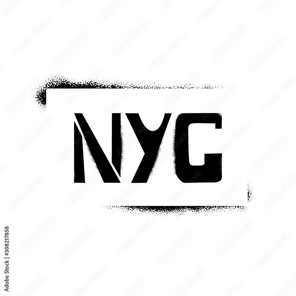 NYC stencil lettering in frame. Spray paint graffiti on white