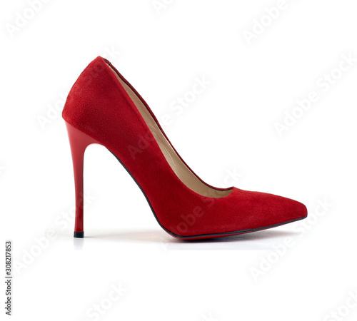 Red suede high heel women shoe isolated on white background