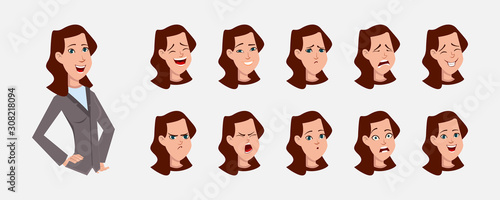 Business woman cartoon character with various facial emotions and lip sync. character for custom animation.