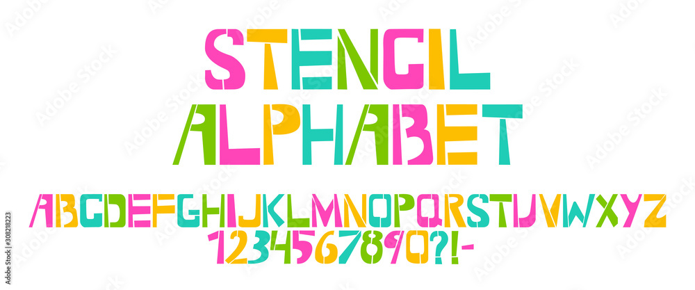 Stencil typeface. Colorful vector uppercase characters on white background. Typography alphabet for your designs: logo, typeface, card