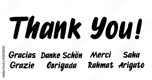 Set of grateful brush paint hand drawn lettering on white background. Thank you, Gracias, Grazie, Danke Schon, Arigato, Rahmat, Obrigada, Merci, Saha photo